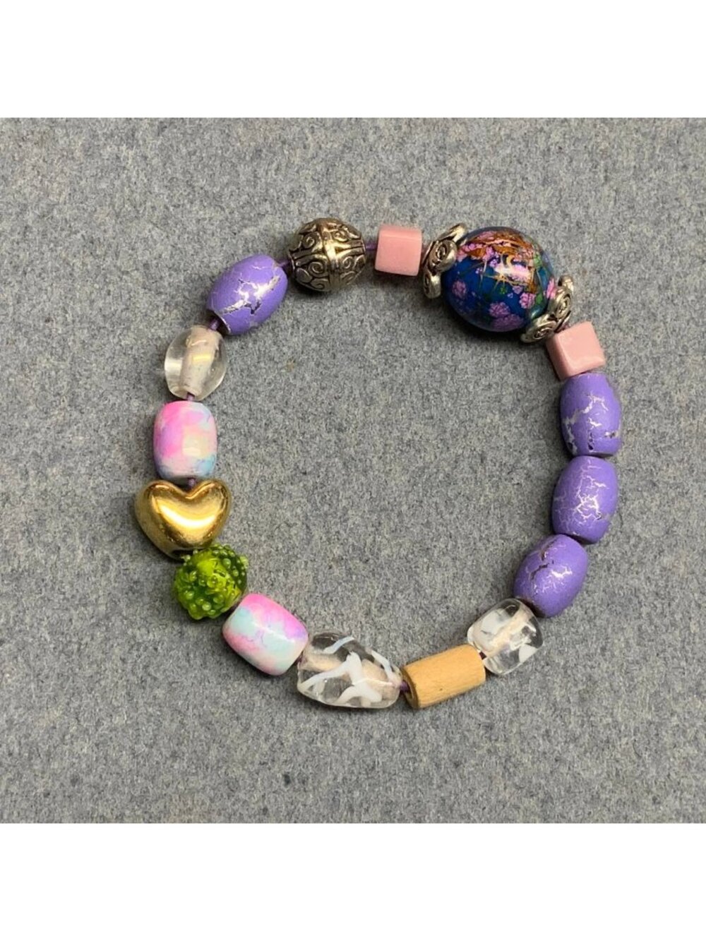 Colorful Beaded Stretch Bracelet Mixed Beads Gold Heart Purple Pink Fairy Love